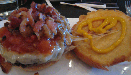 Five Star Burger with Gorgonzola Cheese, Applewood Smoked Bacon, Tomato Relish and Caramelized Onions