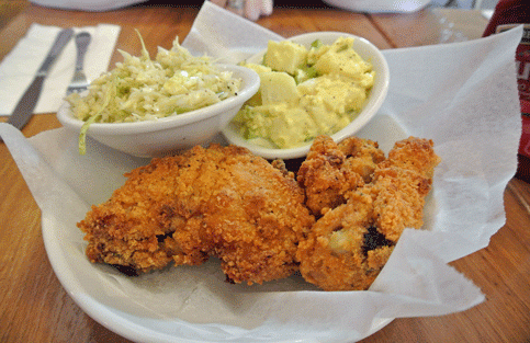 Cast-iron-fried buttermilk free range chicken, served with cole slaw, potato salad