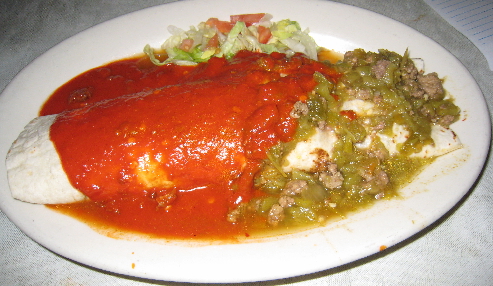 Mary & Tito's guacamole and rice filled burrito served Christmas style.